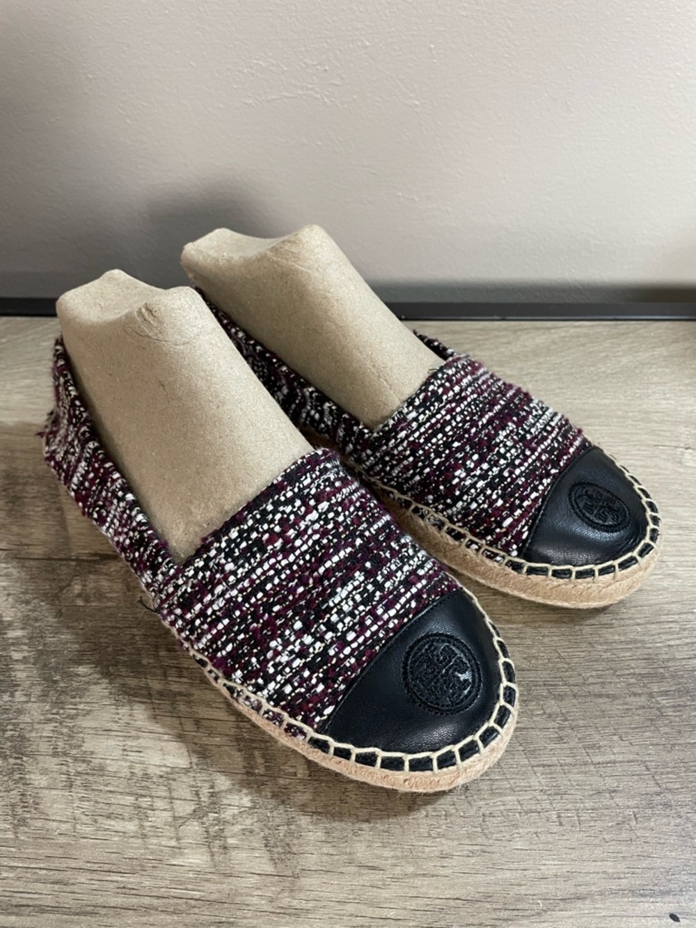 Women's TORY BURCH Color Block TWEED Leather CAP TOE Espadrille LOAFERS Shoes